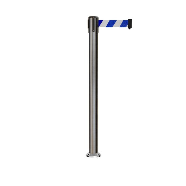 Montour Line Stanchion Belt Barrier Fixed Base Sat.Steel Post 9ft.Blue/White Belt MX630F-SS-BWD-90